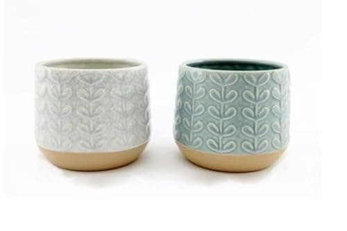 Image of Set of 2 Contemporary Cracked Ceramic Effect Leaf Embossed Round Plant Pot/Planters - AQUA and PALE GREY - 11cm
