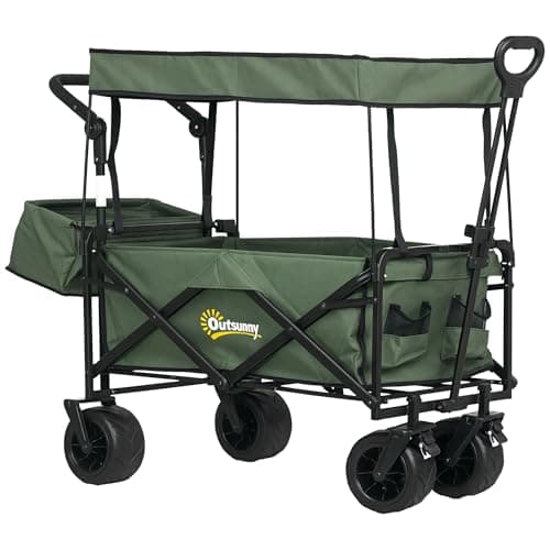 Image of Outsunny 120L Festival Trolley on Wheels, Folding Camping Trolley Cart with Removable Canopy, All-Terrain Wheels, Adjustable Handle, Push or Pull for Garden Beach Fishing Shopping, Green