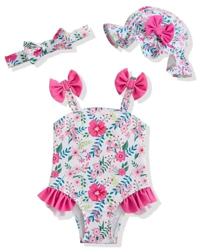 Image of DivingBirds Baby Girl Swimsuit with Sun Hat & Headband Set, Infant One Piece Bathing Suit Newborn Summer Beach Gift,Pink Flower,12-18 Months