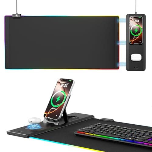 Image of KDD Mouse Pad with Foldable Phone Holder - Wireless Charging Desk Mat 15W Fast - RGB Gaming Mousepad with Ultra-Smooth Surface, Non-Slip Base - Keyboard Mat for Home Office Gamer Desk Accessories