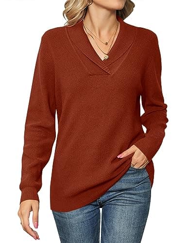 Image of IECCP Women's Jumpers V Neck Tops Long Sleeve Knit Sweaters Casual Solid Color Pullover Orange L