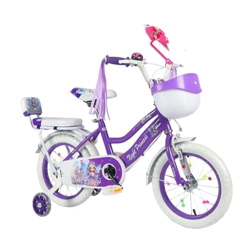 Image of Night Princess Girls' Bicycle, 12" - 16" Purple and White, with Training Wheels, Stabillisers, Front Basket, Streamers and Bell included (16, Inches)