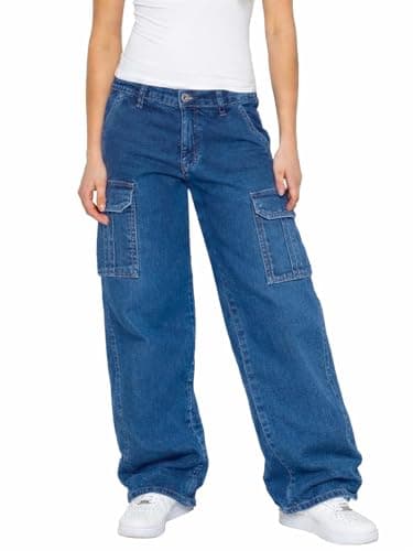 Image of 989Zé ENZO Womens Cargo Pants Wide Leg Jeans Casual Cotton Loose Fit Stretch Denim Baggy Trousers EL677_Jeans Blue 16 S
