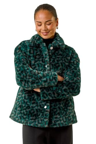 Image of Roman Petite Leopard Faux Fur Coat for Women UK - Ladies Everyday Autumn Winter Collared Neckline Comfy Soft Evening Vacation Work Party Night Out - Petite Green - Size 14