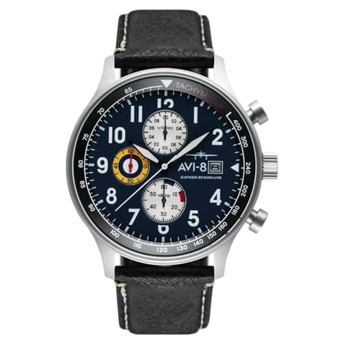 Image of AVI-8 Hawker Hurricane Mens Watch - 42mm Stainless Steel Case, Japanese Quartz Movement, Genuine Leather Strap, Watches for Men, Classic Chronograph, Midnight Black - AV-4011-0I