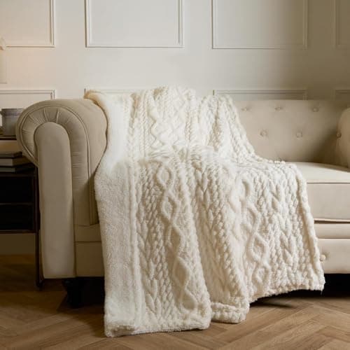 Image of OHS Knitted Sherpa Blanket, Cable Knit Throws for Sofa Ultra Soft Teddy Fleece Warm Blanket for Bed Winter Thermal Blanket Living Room Bedroom - Cream, 130 x 160cm