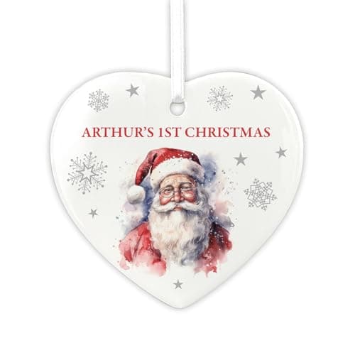 Image of Personalised Traditional Santa Ceramic Hanging Heart Decoration | Custom Any Message Christmas Tree Ornament | Thoughtful Keepsake Gift for New Parents & Children