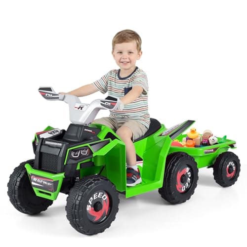 Image of GYMAX Kids Electric Quad Bike, 6V Battery Powered Toy Car with Removable Trailer and Forward/Backward/Reverse Button, Children Ride on ATV for 3+ Years Old (Green)