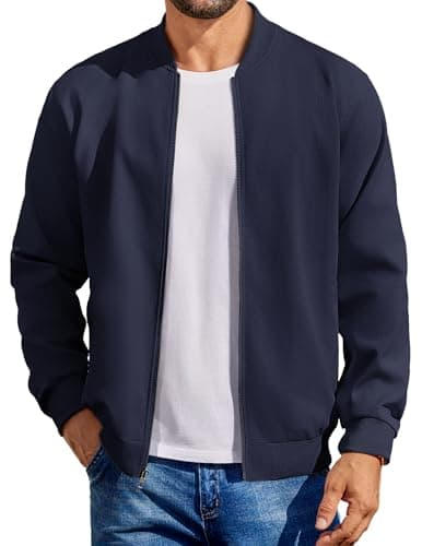 Image of COOFANDY Men's Cotton Bomber Jacket Lightweight Flight Jackets Casual Softshell Varisty Jacket, Navy Blue, L