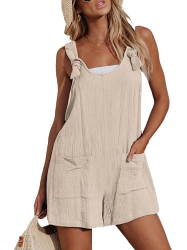 Image of CUPSHE Women's Jumpsuit Pinafore Short Dungarees Scoop Neck Sleeveless Overall Casual Straight Leg Outfit Romper Playsuit with Pockets Apricot M