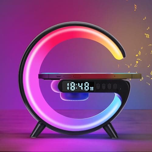 Image of SUNJULY Led Wireless Charger Lamp, G Shaped Lamp Phone Charger Bluetooth Speaker with 10 Lighting Modes and 5w Wireless Fast Charging, Dimmable Bedside Lamps and Alarm Clock, Gifts for Boys Girls
