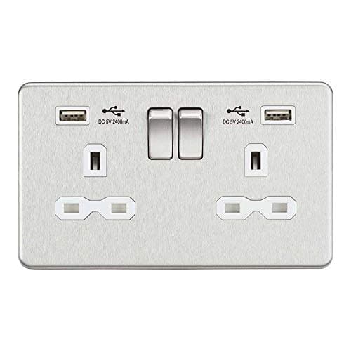 Image of Knightsbridge SFR9224BCW 2G Switched Socket with 2.4 A Dual USB Charger, Brushed Chrome with White Insert, 13 A