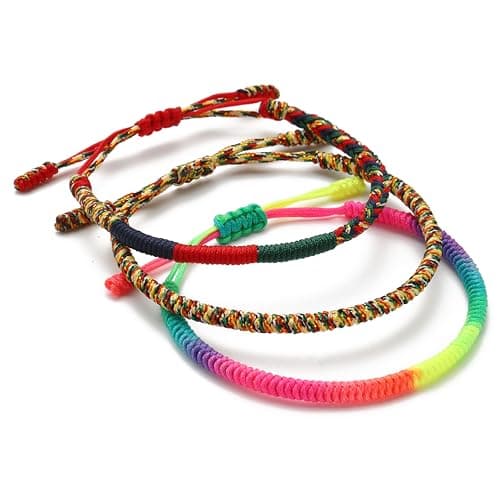 Image of LUCKY BUDDHIST 3 Tibetan Buddhist Bracelets for Men & Women – Adjustable Braided Cord Bracelets with Wooden Buddha Keyring