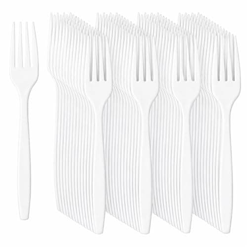 Image of Tezraftaar® 100 x Tithe Heavy Duty Plastic Forks Reusable White Cutlery Set BPA Free Durable Catering Wedding Kids Parties Picnic Traveling