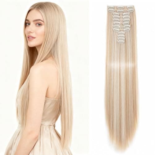 Image of 22 Inch Long Straight Clip-in Hair Extensions 180g Synthetic Full Head Set 18H613# Ash Blonde Mix Bleach Blonde Colour Clip in Hair Extensions for Women
