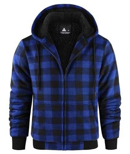 Image of geeksport Men's Fleece Jacket Men Hoodie Full Zip Fleece for Man Sweatshirt Plaid Flannel Warm Winter Coat with Hood Blue-Black 3XL