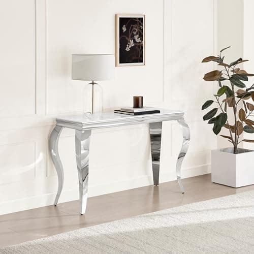 Image of Furniturebox UK Living Room Furniture, Skye White Marble Effect Console Table, Bevelled Glass Top & Silver Stainless Steel Legs with Rococo Flair, Sleek Elegant Modern Occasional Table