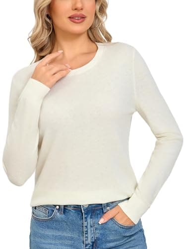 Image of VETLURY 100% Merino Wool Women's Cosy Jumpers UK - Crewneck Lightweight Base Layer Sweater Knitted Long Sleeves Warm Pullover Ladies Tops for Spring Fall Winter 2026 Cream White