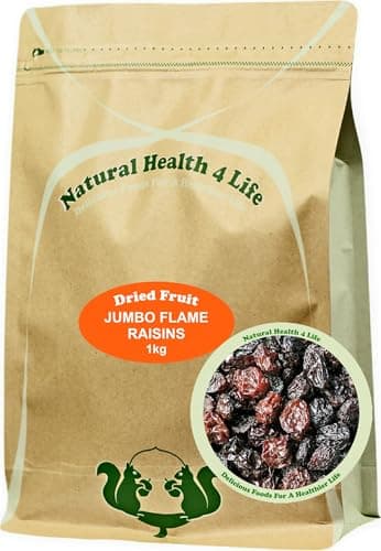 Image of Natural Health 4 Life Jumbo Flame Raisins 1kg – Seedless, Naturally Sweet, Vegan & Gluten-Free, Low Fat – Perfect for Kids' Snacking and Home Baking, Eco-friendly Resealable Pouch – Produce of Chile