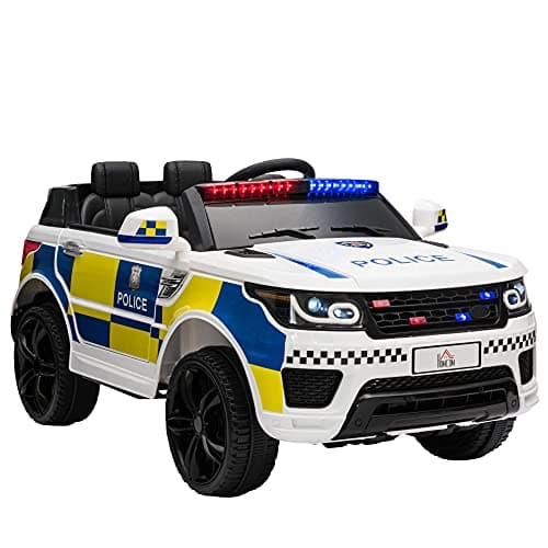 Image of HOMCOM 12V Electric Car for Kids, Ride on Police Car with 2 Motors, Remote Control, Siren Flashing Lights, Suspension, USB, Auxiliary Wheels, Pull handle, for 3-6 Years, White