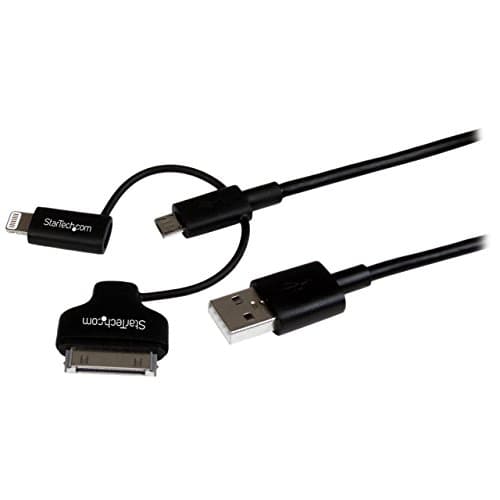 Image of StarTech.com 1m 3 ft Black Apple 8-pin Lightning or 30-pin Dock Connector or Micro USB to USB Cable for iPhone iPod iPad - Charge & Sync (LTADUB1MB)