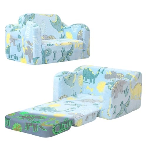 Image of MeMoreCool Kids Couch Sofa, Folding Toddler Chair Bed, Soft Plush Fold Out Kids Armchair Sofa Glow in The Dark, Comfy Baby Recliner for Girls Boys, Glowing Dinosaur, Blue