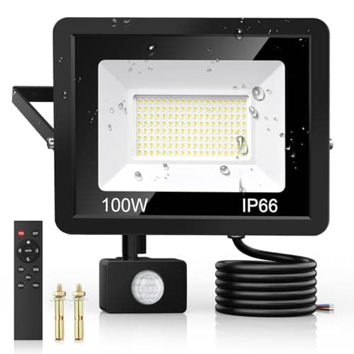 Image of 100W Security Lights Outdoor Motion Sensor, PIR Flood Light with Remote Control, IP66 Waterproof, 144 LEDs, Cool White, 6500K, 9000LM, Outdoor Light Mains Powered for Garden Corridor Entrance Backyard
