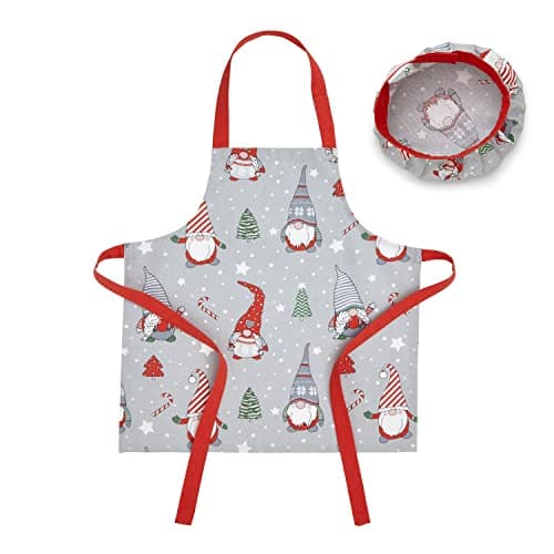 Image of Catherine Lansfield Dining Christmas Gnomes Cotton Kids Apron & Hat Set Grey/Red