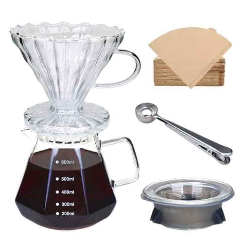 Image of FACIACC Pour Over Coffee Maker, 600ml Borosilicate Glass Coffee Pot with Glass Lid, 50pcs Paper Filter, Pour Over Coffee Dripper and Coffee Scoop for Home Restaurant Café Camping, Clear