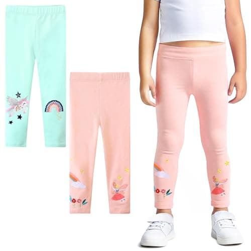 Image of FILOWA Leggings Girls Kids Cotton Stretchy Trousers 2-Pack Rainbow Horse Embroidery Sequins Tights Pants Long Legging Activewear Casual School Spring Summer Bottom for Children 4-5 Years, Blue Pink