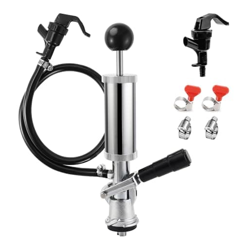 Image of WELLBOM Beer Keg Pump Tap, European S System Beer Pump Tap Keg Hand Pump 4'' Picnic Pump with Beer Faucet & Hose, Chrome-Plated Keg Draft Beer Party Pump with 2 Hose Clamps Kegerator Pump for Homebrew