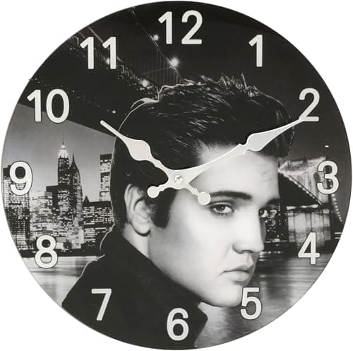 Image of Widdop and Co Elvis Wall Clock – 30cm Black and White Glass Clock Featuring The King – Rock and Roll Vintage Style Décor for Music Fans – Collectable Gift for Him or Her – The Music Legend