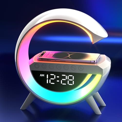 Image of Atmosphere Lamp with 15W Wireless Charger Led Alarm Clock Dimmable Ambient Light Smart Table Lamp with Bluetooth Speaker Dazzling Running Lights 13 Modes Lights for Adults Kids Office Bedroom (White)