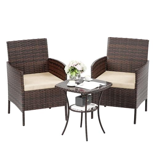 Image of UDPATIO Garden Furniture Set 3 PCS Rattan Patio Conservatory Outdoor Bistro Set Patio Weave Companion Chair Table Set (Brown)