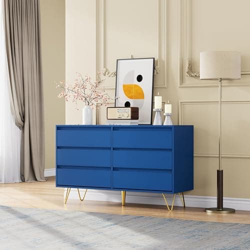 Image of Nera 6 Drawer Chest of Drawers W120 x D40 x H71.5cm Bedroom Drawer Dresser Storage Cabinet for Bedroom Living Guest Room Hallway Furniture (Navy)