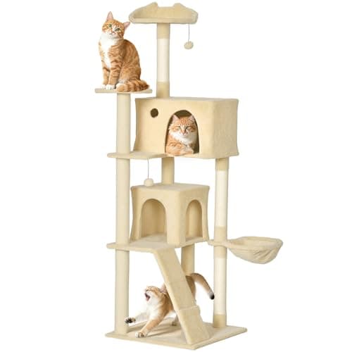 Image of PawHut 180cm Cat Tree, Multi-Level Large Cat Tower with 3 Sisal Scratching Posts, Condos, Plush Perches, Hammock, Ladder, Dangling Balls, Kitten Activity Centre for Kittens Playing Relaxing, Beige