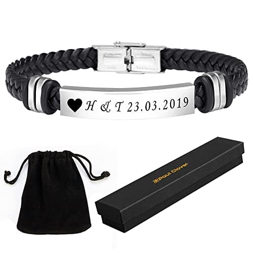 Image of Personalised Leather Bracelets for Men | Silver Mens Bracelets with Gift Box and Velvet Pouch - Customised Gifts for Husband, Boyfriend, Brother, Dad