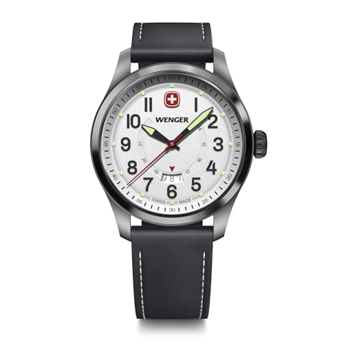 Image of Wenger Men’s Watch Terragraph Ø 43 mm, Swiss Made, Analogue Quartz, Water-Resistant up to 100 m, Leather Strap, Black/White, 01.0541.126