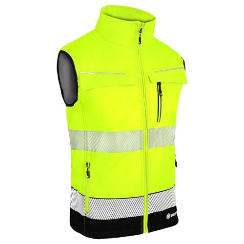 Image of BeeSwift - Two Tone Hi Vis Gilet - Yellow and Navy Work Gilet with Multiple Pockets and 100% Softshell Polyester Bonded Fabric - Medium Weight Bodywarmer with Segment Tape and More - Size L