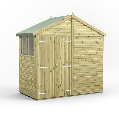 Image of Powersheds High Grade Premium Pressure Treated Apex Double Door Shed Garden Wooden Shed with Heavy Duty Frame, Door & Window Flexibility made from Extra Thick Timber & Toughened Glass (4x8)
