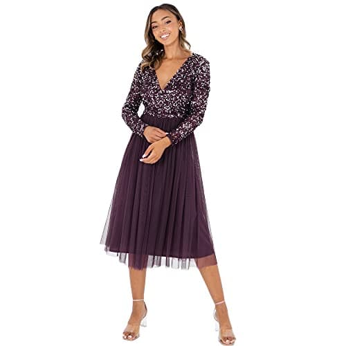 Image of Maya Deluxe Women's Ladies Wedding Guest Midi Dress Long Sleeve Plunging Neckline V Neck Sequin Embellished Graduation Bridesmaid, Berry, 14, (EG024-MIDI-MM)