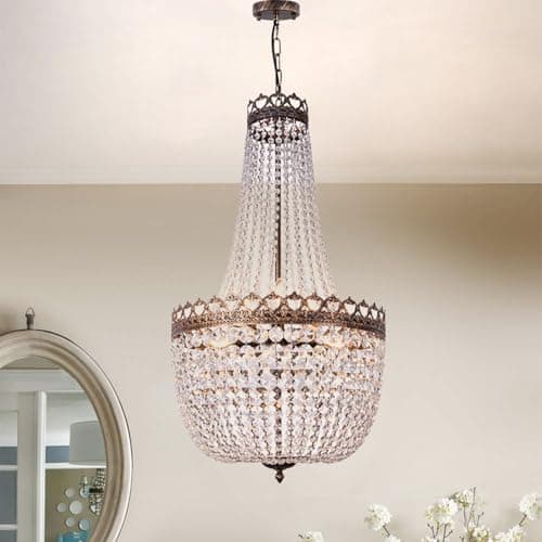 Image of Wellmet Crystal Chandelier Lights, 9-Light French Empire Foyer Chandelier Pendant, Hanging Ceiling Lighting Fixture for Hallway Dining Living Room Bedroom Kitchen, 30" H x 19.69" W, Antique Bronze