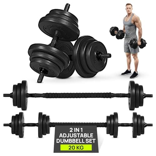 Image of Gallant 20kg Adjustable Dumbbells Set, 2 in 1 Dumbells and Barbell Hand Free Weights Set Strength Training Lifting Body Building, Fitness Exercise Equipment For Home Gym, Ideal Men Women Black