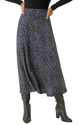 Image of Roman Jersey Skirt for Women UK - Ladies Midi Maxi Floral Animal Print Autumn Winter Swing Smart Casual Office Cocktail Party Going Out Evening Holiday Cruise - Dark Blue - Size 12