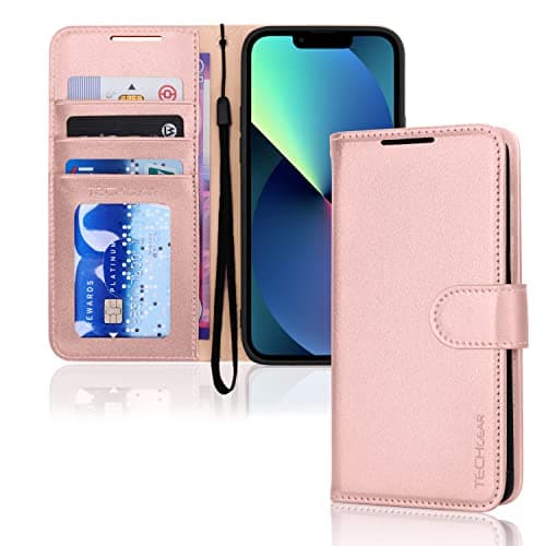 Image of TECHGEAR iPhone 14 Plus Leather Wallet Case, Flip Protective Case Cover with Wallet Card Holder, Stand and Wrist Strap - Pink PU Leather with Magnetic Closure Designed for iPhone 14 Plus 6.7"