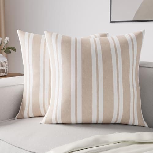 Image of Encasa XO Cushion Covers 2 pcs set (40x40 cm) - Franca Beige Stripes - Decorative Large Square Colourful Washable Eco - Cotton, Throw Pillow Cases for Living Room, Sofa, Bedroom, Home & Hotel