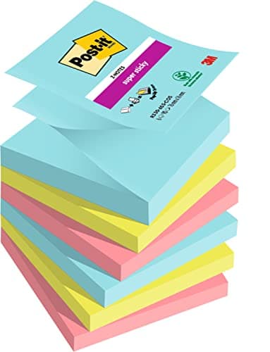 Image of Post-it Super Sticky Z-Notes, 540 Sheets, Pack of 6 Pads, 76 mm x 76 mm - Holds Strong to Many Surfaces - Blue, Green, Pink - for Walls, Monitors and Fridge, Recycable