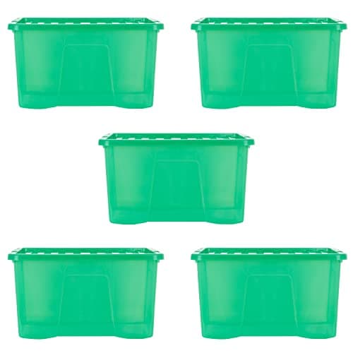 Image of Wham Crystal 5 x 60L Stackable Plastic Storage Boxes with Lids | Ideal for Home, Office, Toys & More | Large Boxes | Made in UK - Leprechaun Green