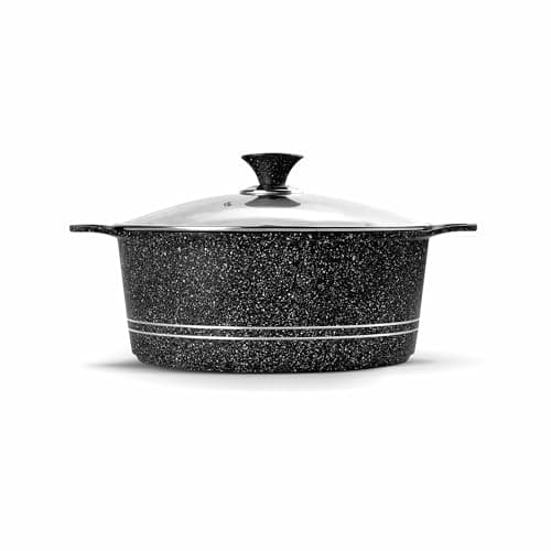 Image of Stockpot 32cm Non-Stick Die-Cast Aluminium Stock Pot with Lid | Casserole Induction Pot, Marble Coated, 10.5l Large Black Cooking Pot with Glass Lid & Steam Vent