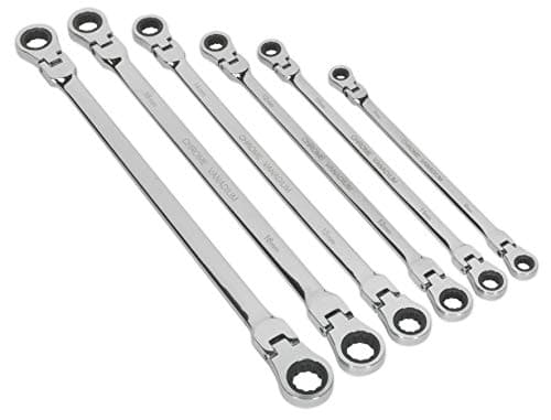 Image of Sealey Ak63832 Flexi-Head Double End Ratchet Ring Spanner Set 6Pc X-Long Metric